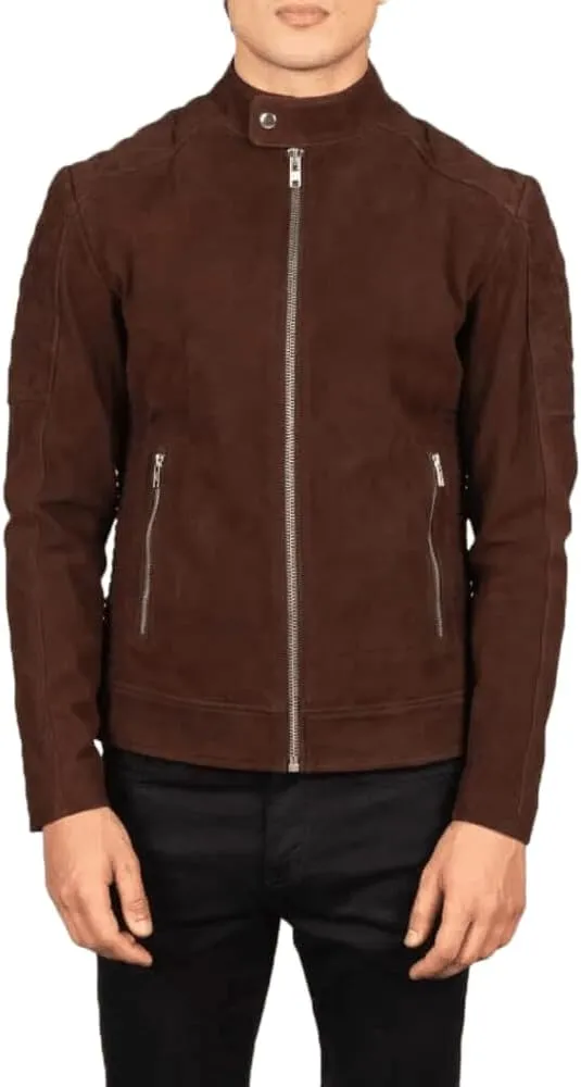 Men's Genuine Brown Sheepskin Suede Leather Biker Jacket, Smooth Stylish Modrn Dseign, Band Collar, Quilted Shoulders (US, Alpha, Small, Regular, Regular, Brown)