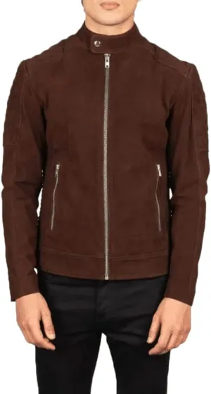 Men's Genuine Brown Sheepskin Suede Leather Biker Jacket, Smooth Stylish Modrn Dseign, Band Collar, Quilted Shoulders (US, Alpha, Small, Regular, Regular, Brown)
