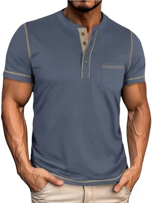 Men's Henley Shirt Soft Cotton Short Sleeve Stretchy Muscle Fit T Shirts Classic Band Collar Button Down Tee Tops