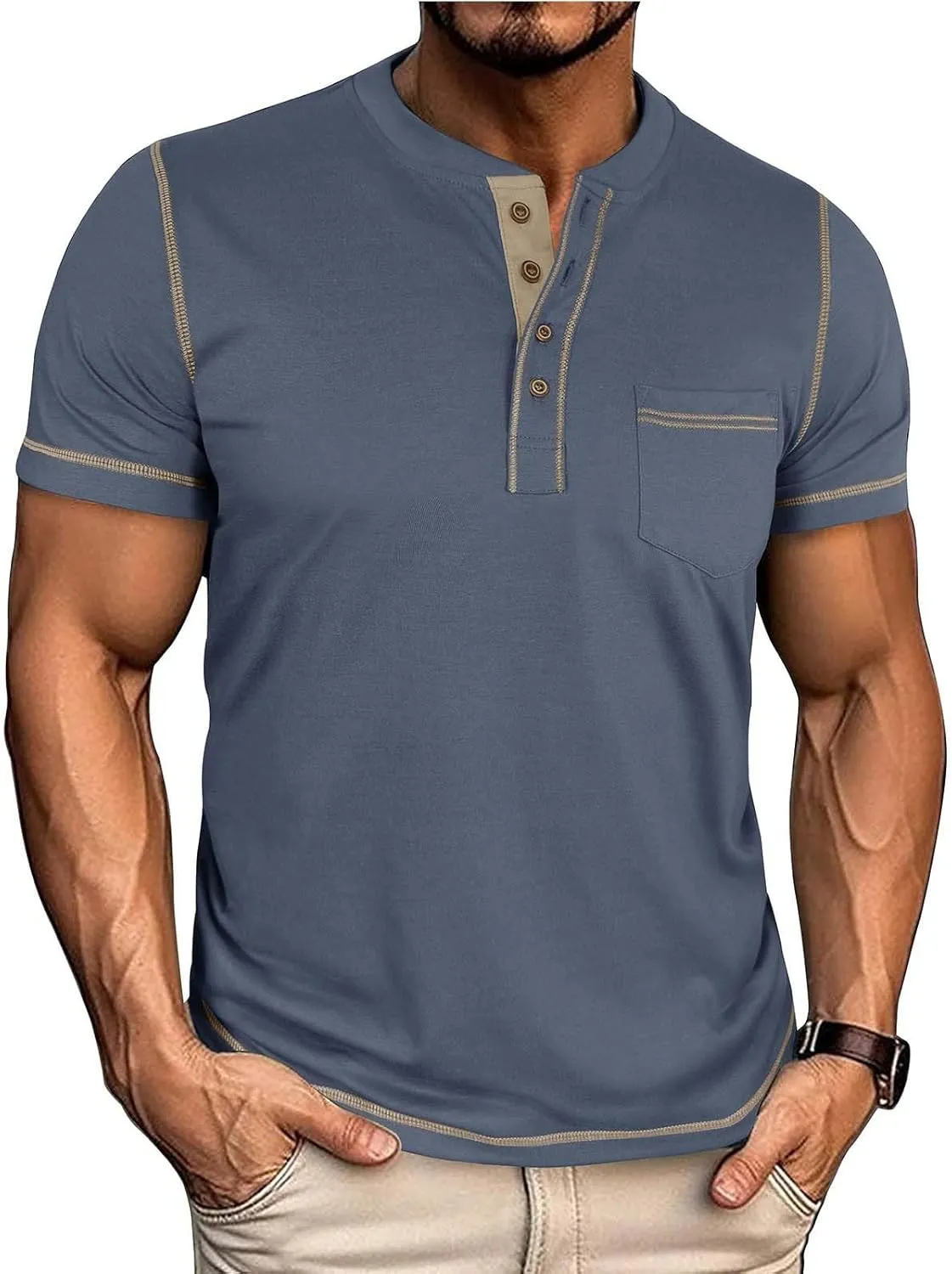 Men's Henley Shirt Soft Cotton Short Sleeve Stretchy Muscle Fit T Shirts Classic Band Collar Button Down Tee Tops