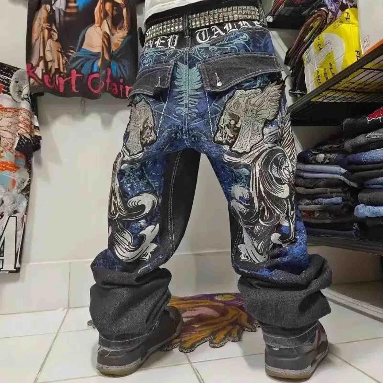 Men's Hip Hop Retro Embroidered Jeans Street Hip Hop Y2K Gothic Straight Loose Wide Leg Pants