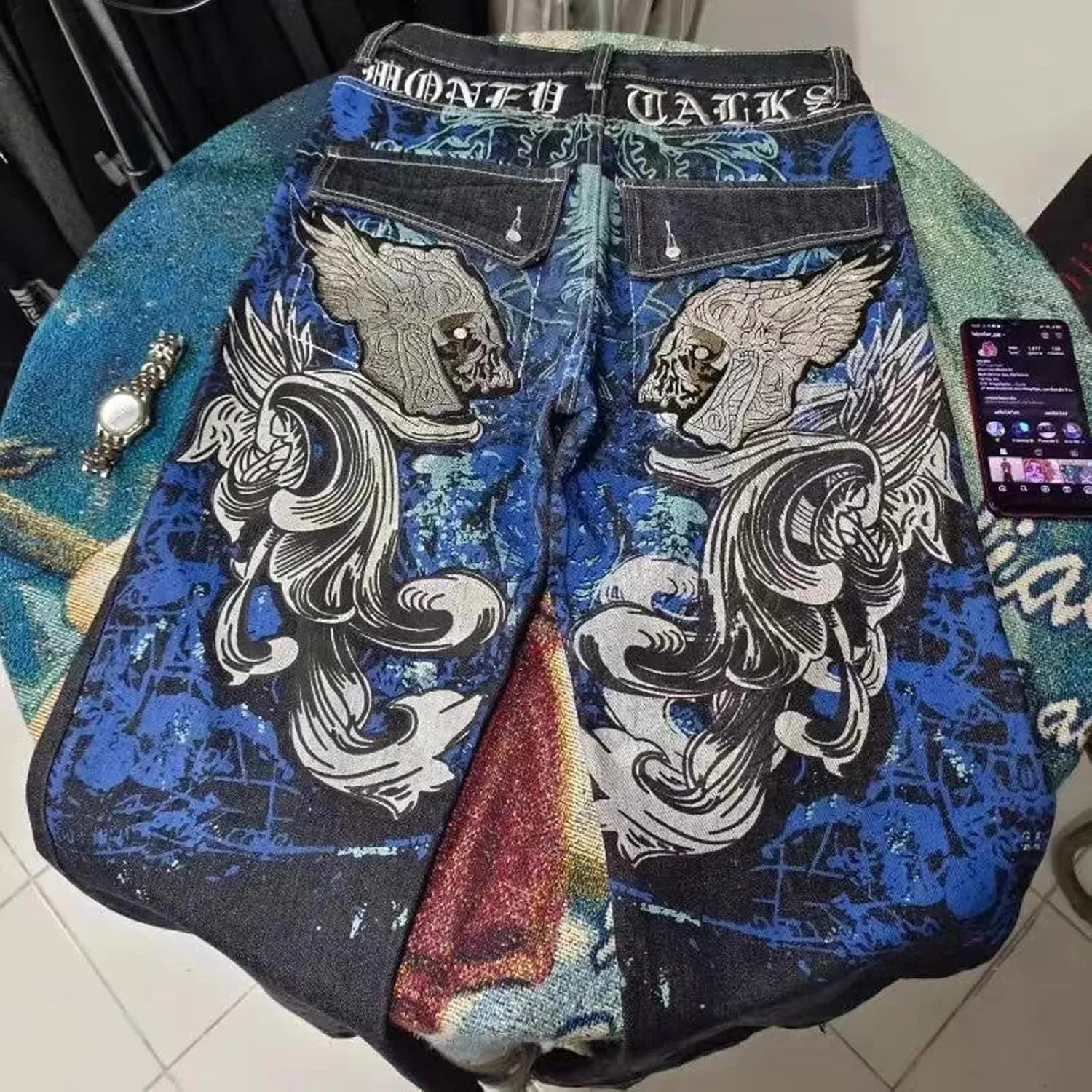 Men's Hip Hop Retro Embroidered Jeans Street Hip Hop Y2K Gothic Straight Loose Wide Leg Pants