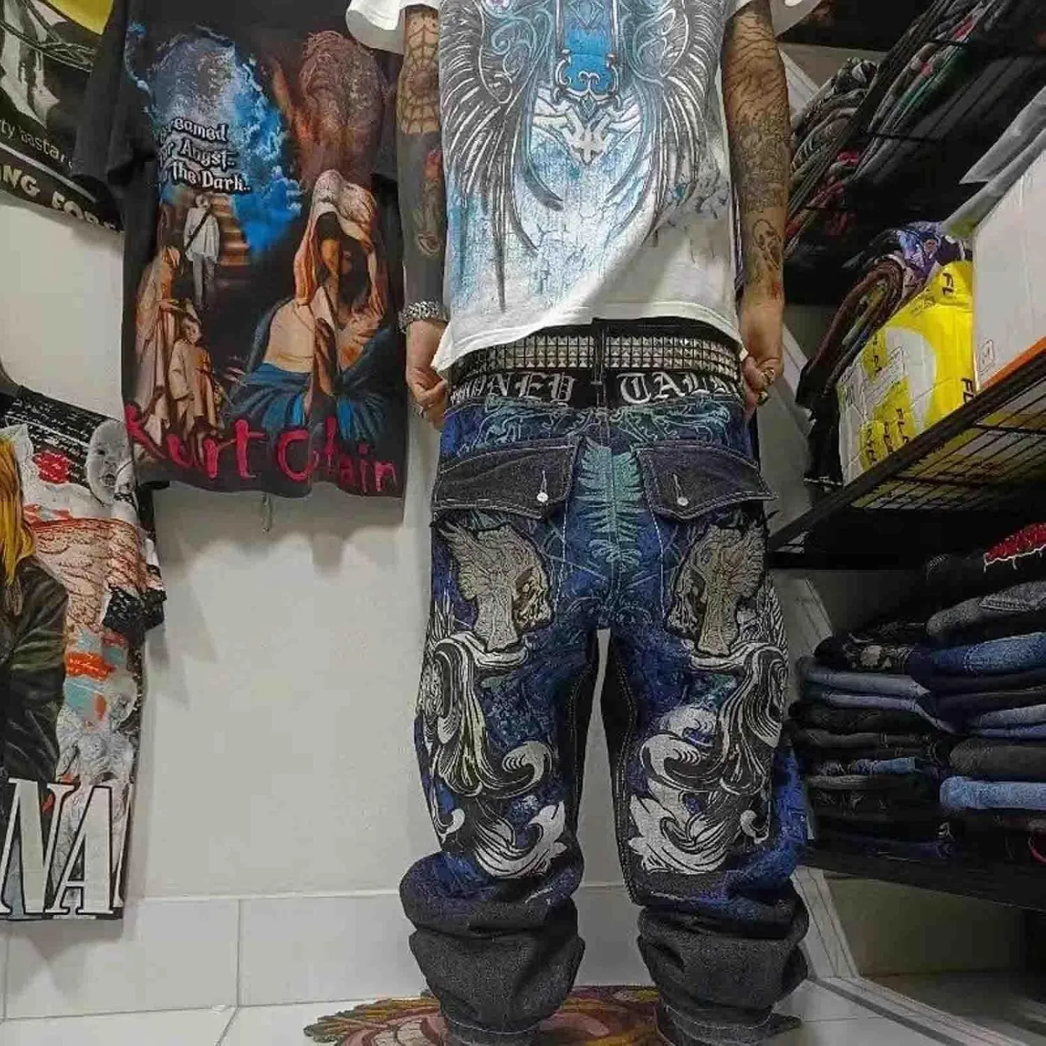 Men's Hip Hop Retro Embroidered Jeans Street Hip Hop Y2K Gothic Straight Loose Wide Leg Pants