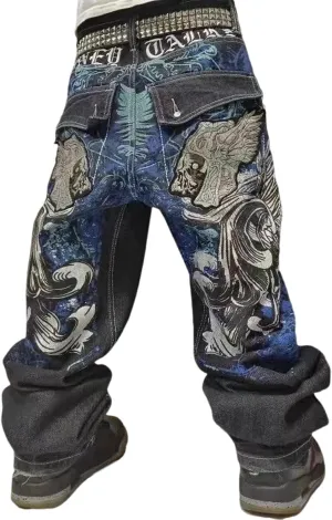 Men's Hip Hop Retro Embroidered Jeans Street Hip Hop Y2K Gothic Straight Loose Wide Leg Pants