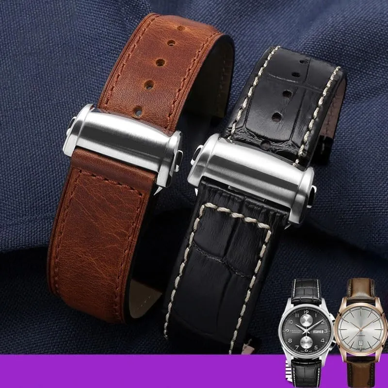 Men's Leather Watch Strap For Hamilton Khaki Jazz Aviation Folding Buckle Watch Band