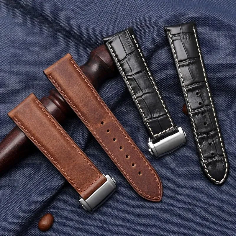 Men's Leather Watch Strap For Hamilton Khaki Jazz Aviation Folding Buckle Watch Band