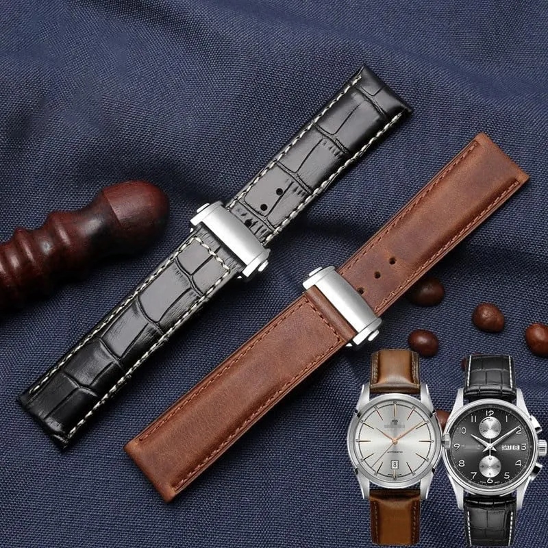 Men's Leather Watch Strap For Hamilton Khaki Jazz Aviation Folding Buckle Watch Band
