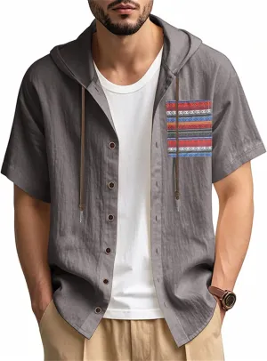 Men's Linen Hooded Short Sleeve Shirts Cardigan Short Sleeve Boho Style T-Shirts Summer Beach Vacation Yoga Tops
