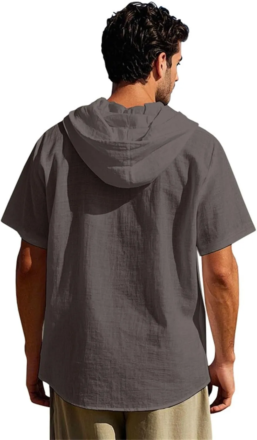 Men's Linen Hooded Short Sleeve Shirts Cardigan Short Sleeve Boho Style T-Shirts Summer Beach Vacation Yoga Tops
