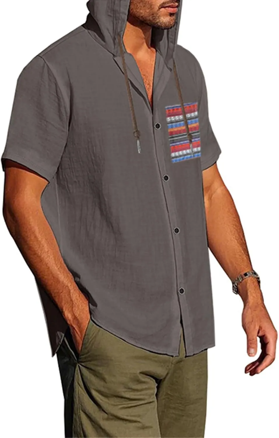 Men's Linen Hooded Short Sleeve Shirts Cardigan Short Sleeve Boho Style T-Shirts Summer Beach Vacation Yoga Tops