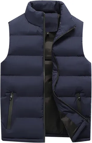 Men's Puffer Down Vest Sleeveless Zip Up Stand Collar Lightweight Outerwear Winter Padded Gilet Jacket with Pockets