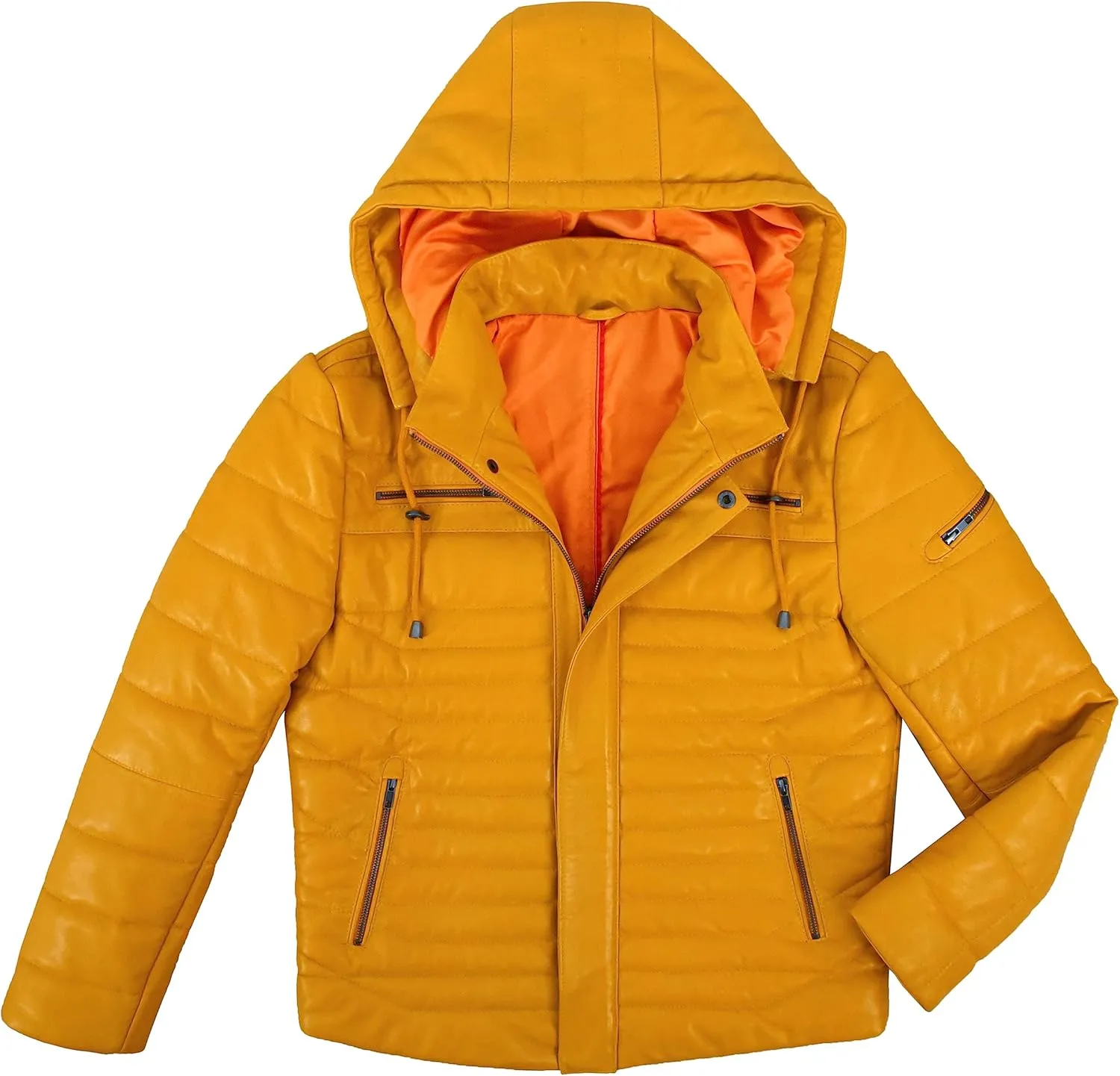 Men's Puffer Hooded Fully Quilted Padded Warm Real Lambskin Leather Sport Jacket 2006