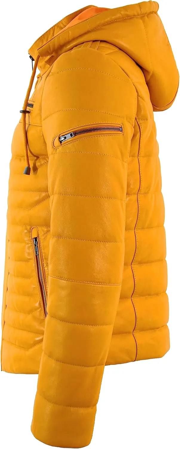 Men's Puffer Hooded Fully Quilted Padded Warm Real Lambskin Leather Sport Jacket 2006