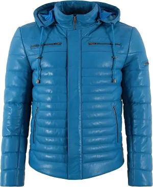 Men's Puffer Hooded Fully Quilted Padded Warm Real Lambskin Leather Sport Jacket 2006