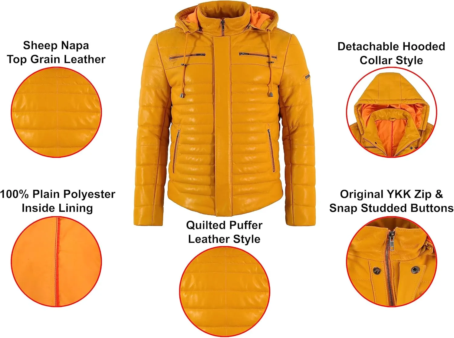 Men's Puffer Hooded Fully Quilted Padded Warm Real Lambskin Leather Sport Jacket 2006