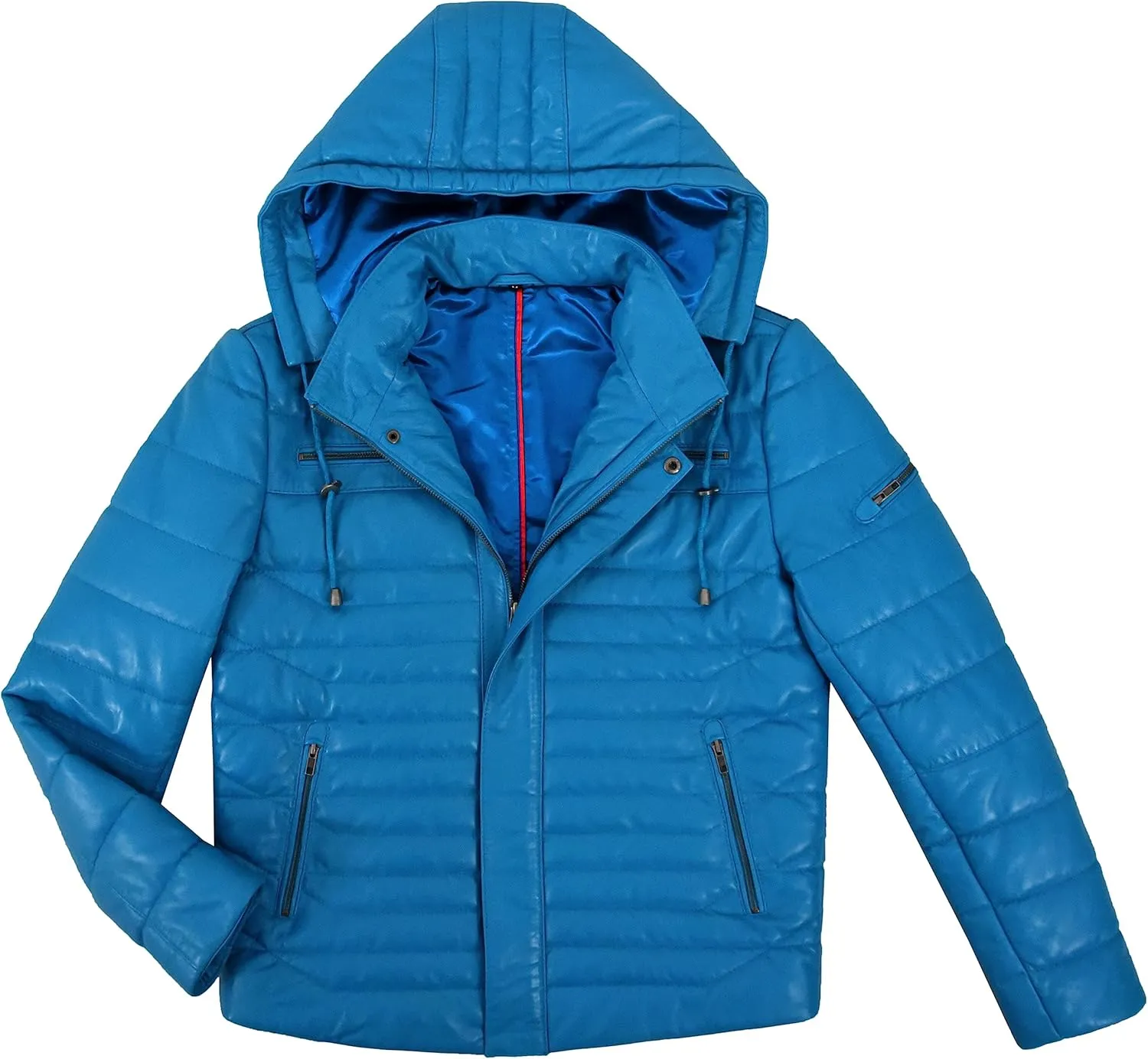 Men's Puffer Hooded Fully Quilted Padded Warm Real Lambskin Leather Sport Jacket 2006