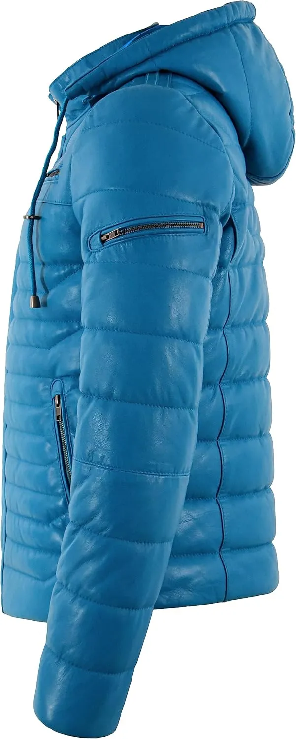 Men's Puffer Hooded Fully Quilted Padded Warm Real Lambskin Leather Sport Jacket 2006
