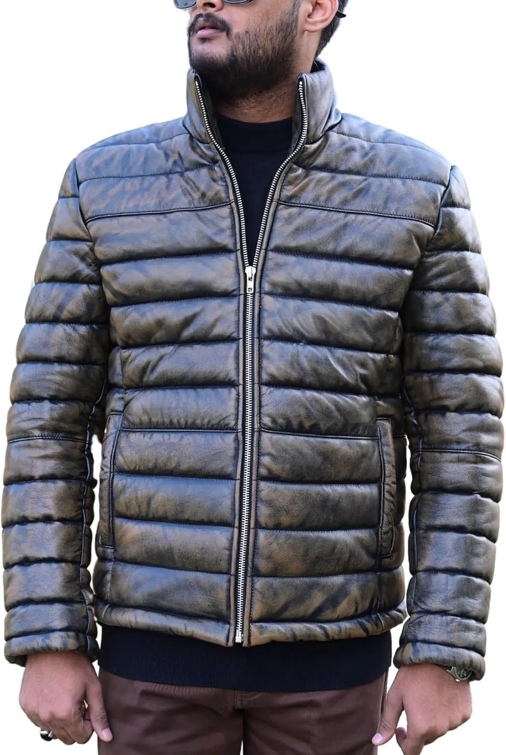 Mens Puffer Jacket Lambskin Down Leather Quilted Puffer Jacket Lightweight Winter Mens Puffer Coat