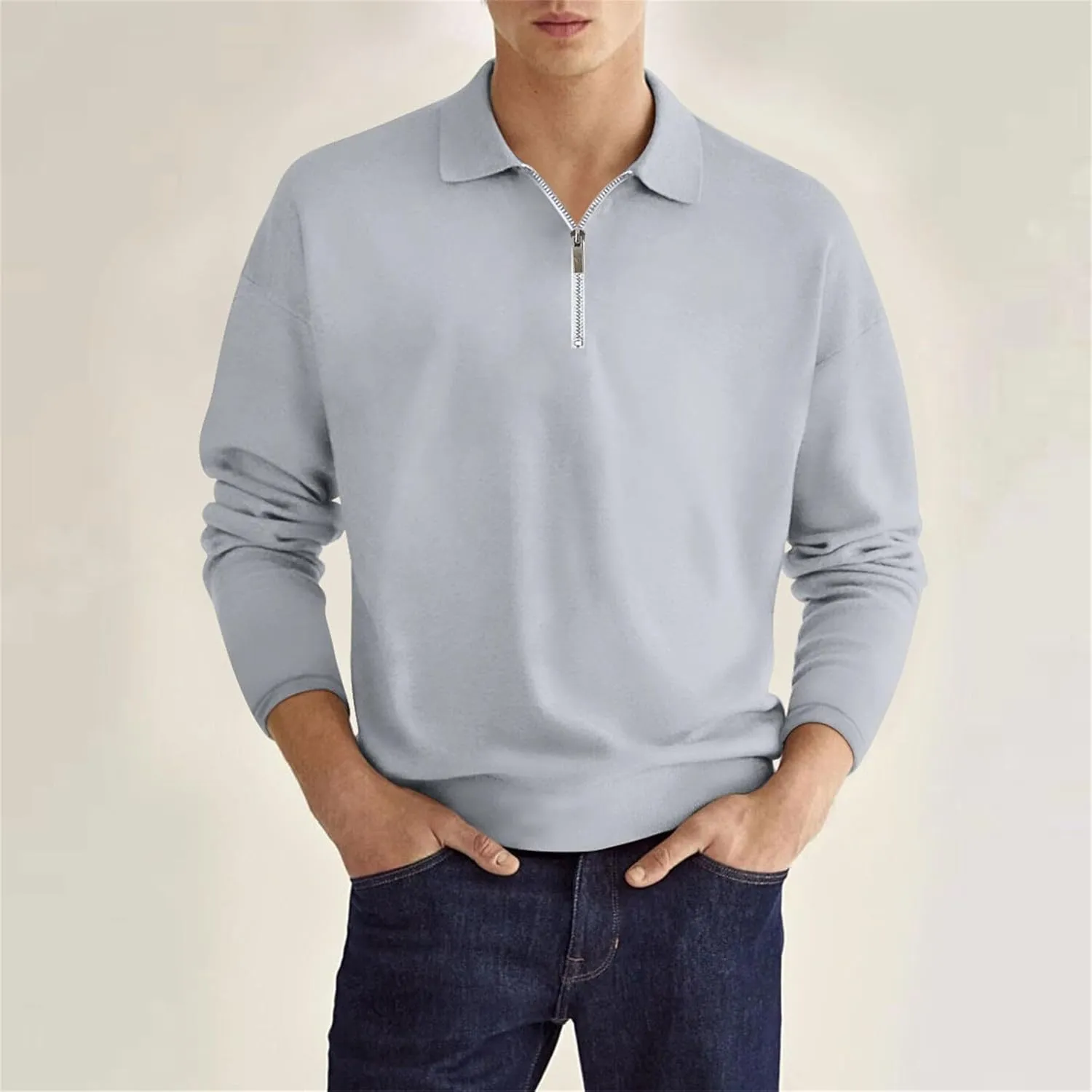 Mens Quarter Zip Sweatshirt Lightweight Long Sleeve Casual Loose Fit Pullover Hoodies Lapel Collar Tops with Pocket