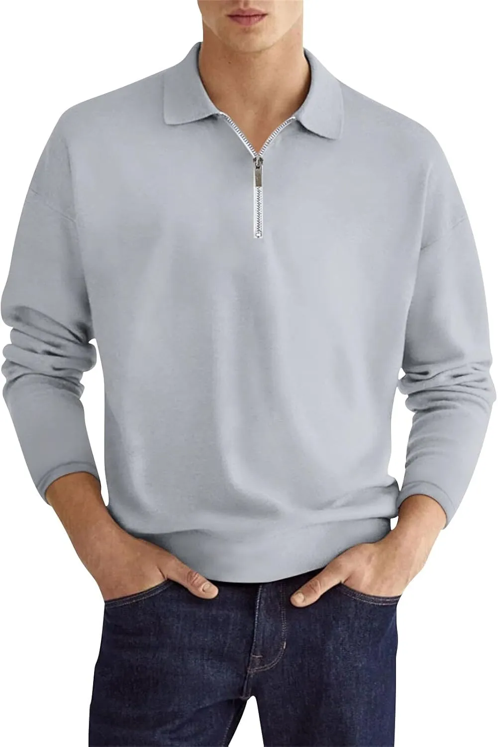 Mens Quarter Zip Sweatshirt Lightweight Long Sleeve Casual Loose Fit Pullover Hoodies Lapel Collar Tops with Pocket