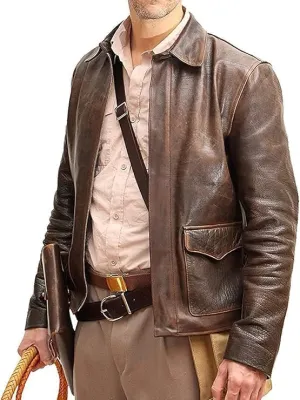 Men's Raiders of The Lost Harrison Jones Vintage Black Brown Bomber Leather Jacket Genuine Cowhide Distressed Leather Jacket (US, Alpha, X-Small, Regular, Regular, Distressed Brown)