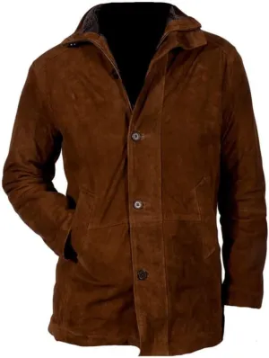 Men's Robert Inspired Halloween Suede Brown Cafe Racer Biker Leather Jacket Sheriff Coat
