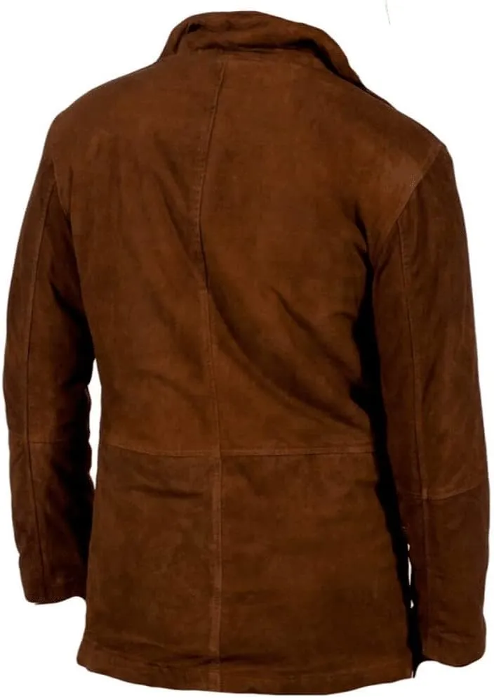 Men's Robert Inspired Halloween Suede Brown Cafe Racer Biker Leather Jacket Sheriff Coat
