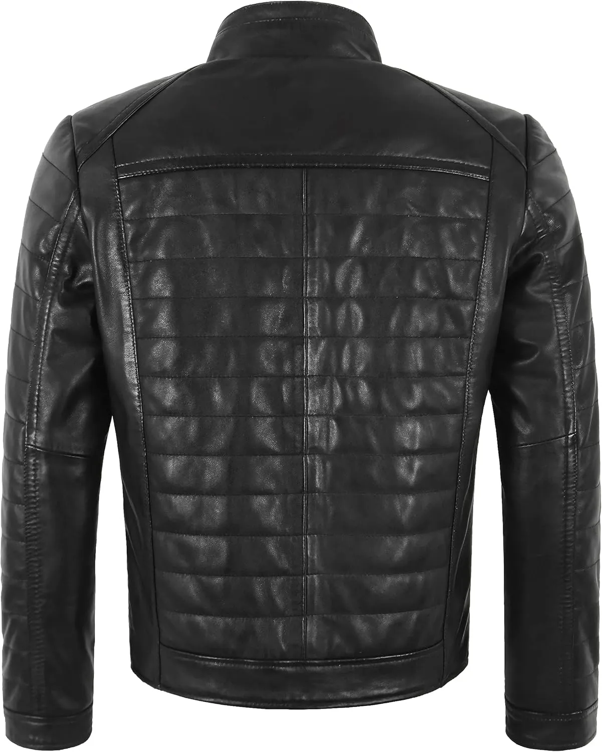 Men's Sports Fashion Quilted Padded Puffy Lambskin Leather Casual Biker Jacket 2448