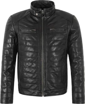 Men's Sports Fashion Quilted Padded Puffy Lambskin Leather Casual Biker Jacket 2448
