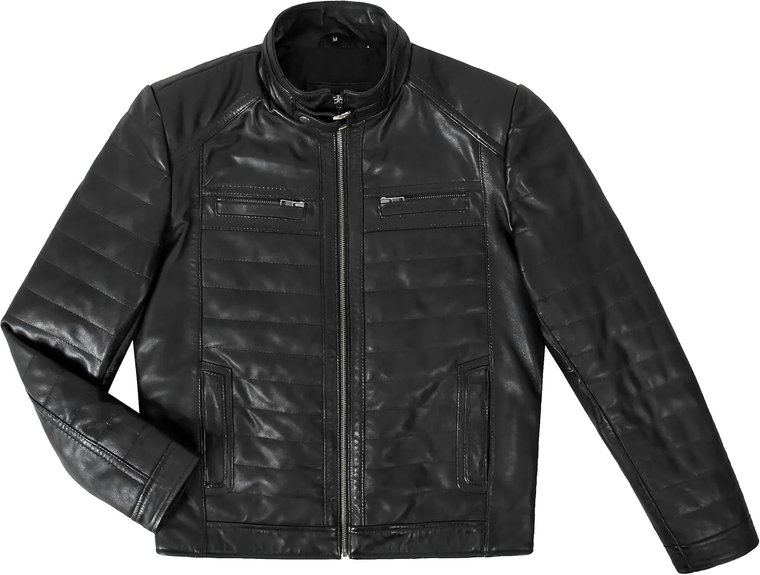 Men's Sports Fashion Quilted Padded Puffy Lambskin Leather Casual Biker Jacket 2448