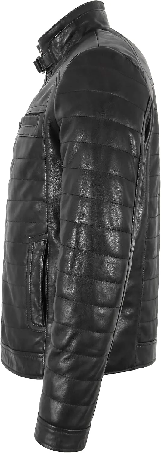 Men's Sports Fashion Quilted Padded Puffy Lambskin Leather Casual Biker Jacket 2448