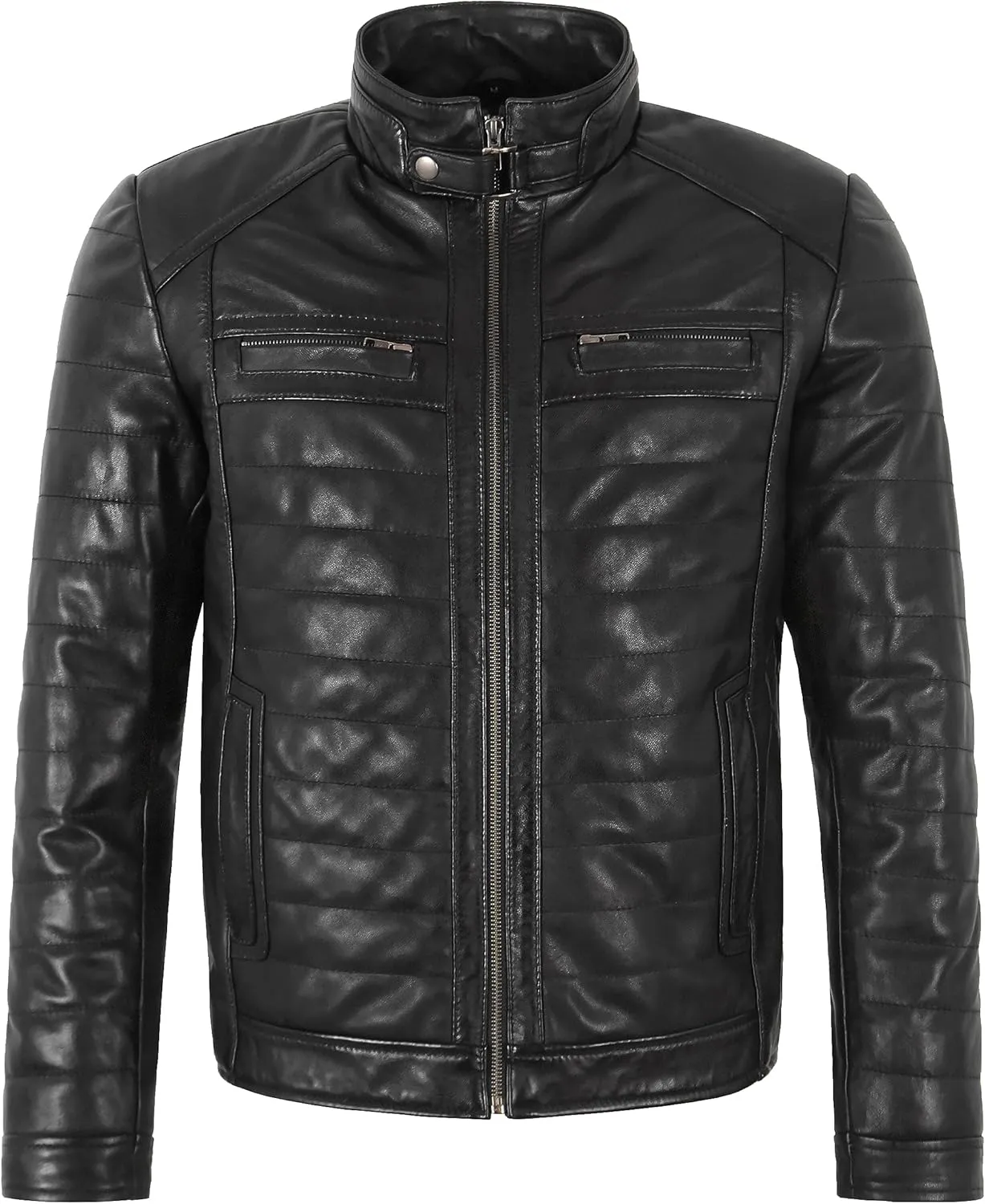Men's Sports Fashion Quilted Padded Puffy Lambskin Leather Casual Biker Jacket 2448