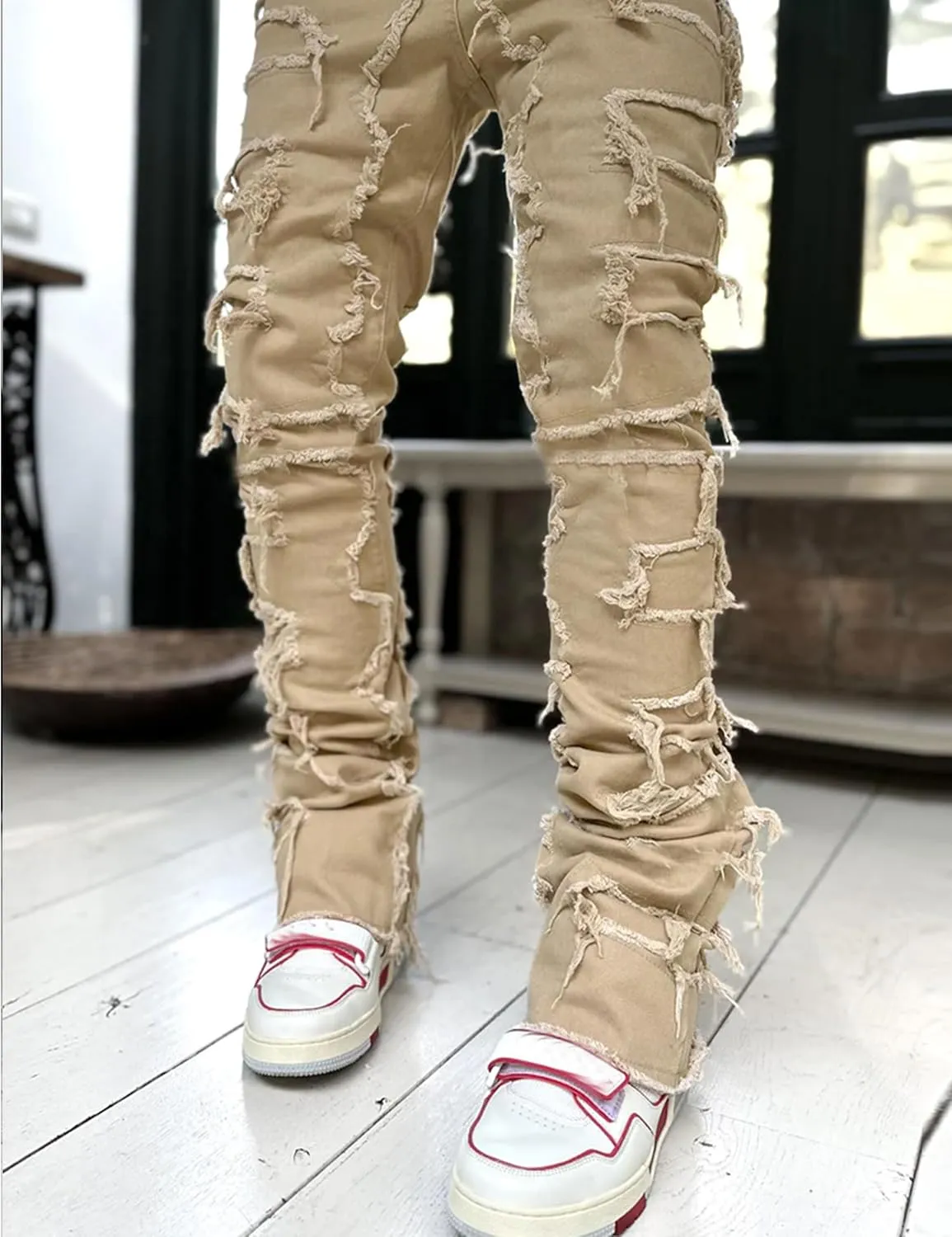 Mens Stacked Jeans Y2k Slim Fit Skinny Ripped Jeans Distressed Destroyed Denim Pants Emo Hip Hop Jeans
