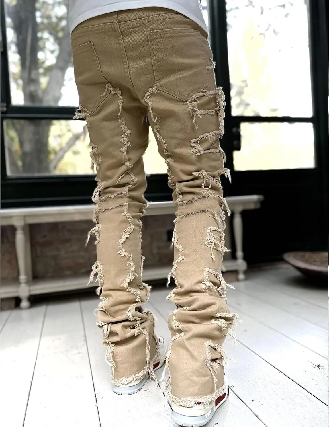 Mens Stacked Jeans Y2k Slim Fit Skinny Ripped Jeans Distressed Destroyed Denim Pants Emo Hip Hop Jeans