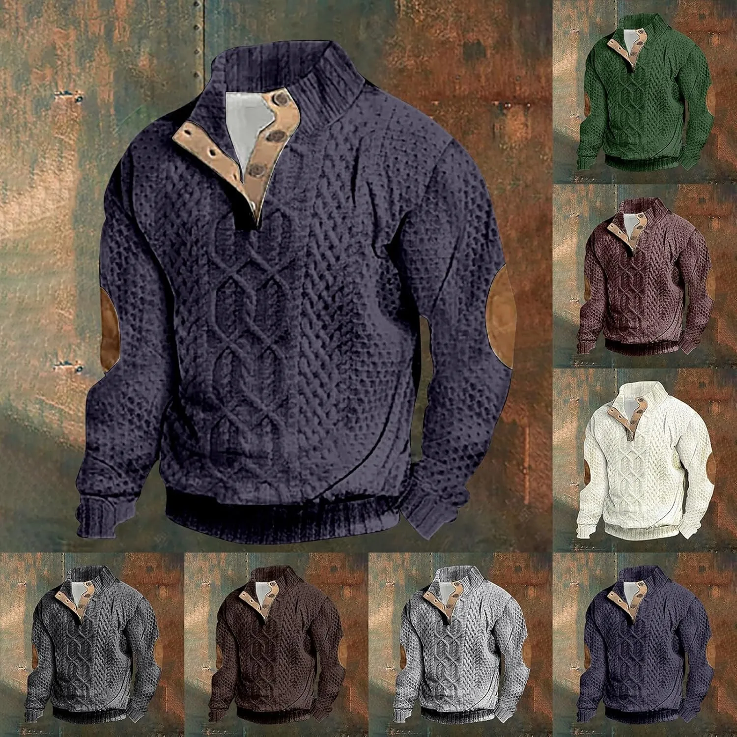 Mens Stand Collar Pullover Sweater Knitted Chunky Winter Fashion Twisted Sweaters Button Up Loose Thermal Sweatshirt