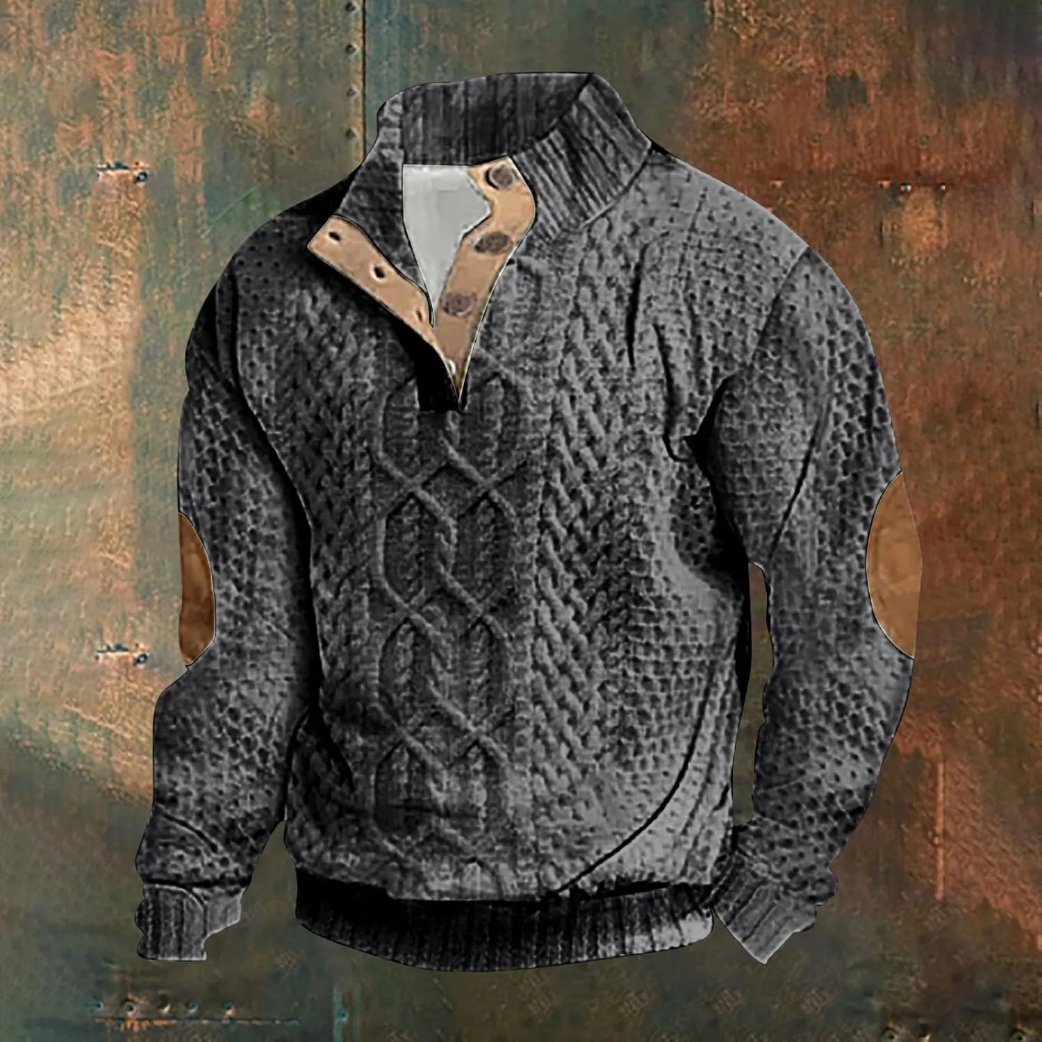 Mens Stand Collar Pullover Sweater Knitted Chunky Winter Fashion Twisted Sweaters Button Up Loose Thermal Sweatshirt