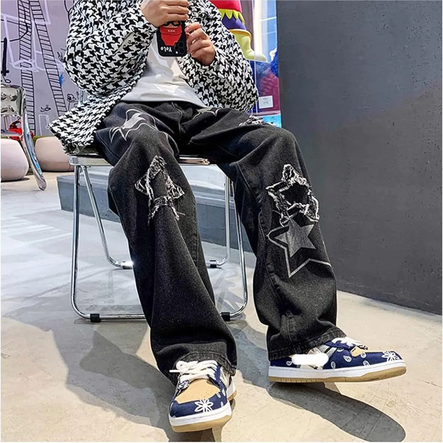 Men's Streetwear Jeans Y2K Hip Hop Jeans Casual High Waisted Wide Leg Baggy Embroidery Harajuku Denim Pants