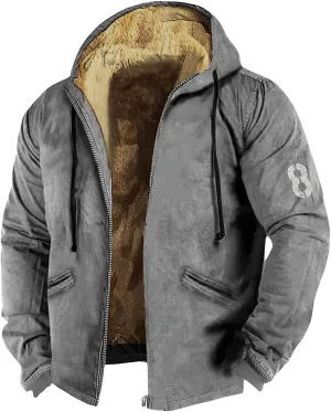 Men's Winter Jacket Fleece Sherpa Lined Sweatshirt Tops Printed Hoodies Hooded Outerwear Zipper Work Cargo Coats