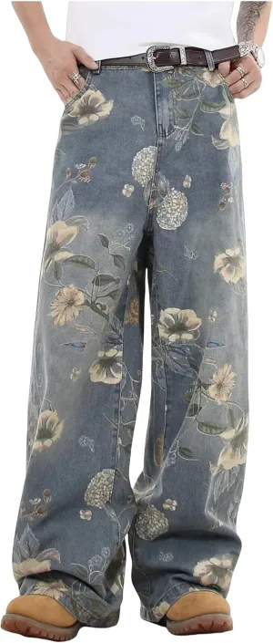 Men's Y2K Jeans Hip Hop Baggy Denim Pants Spiderweb Graphic Jeans Goth Denim Joggers Streetwear