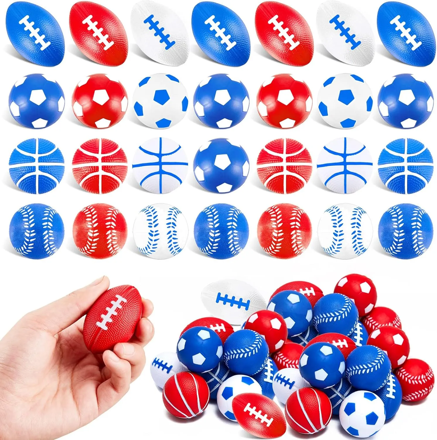Meooeck 36 Pcs 4th of July Stress Balls Mini Patriotic Sports Balls Small Foam Balls Football Soccer Baseball Basketball Toys for Independence Day Theme Party Favor Parade Throw Supplies