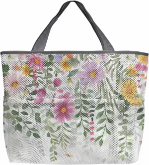 Mesh Beach Bag Oversized Tote Bags for Women Pastoral Watercolor Flower Leaves Large Bags for Travel Pool Grocery