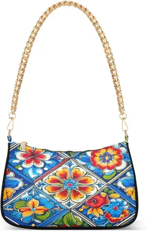 Mexican Ceramic Tile Shoulder Bag for Women, Handbag with Chain Strap, Soft Purse Tote Bag for Ladies