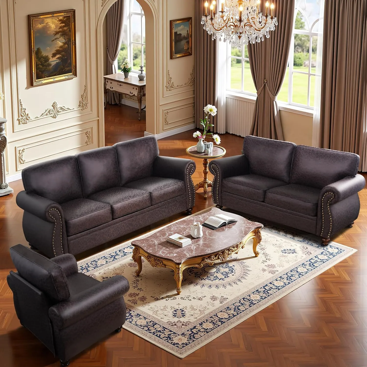 Mid-Century Vintage Sofa Couches with Rivet Design,loveseat Sofa,Removable Sofa Cover Upholstered Cushions and Solid Wood Frame (Brown, 3-Seater)