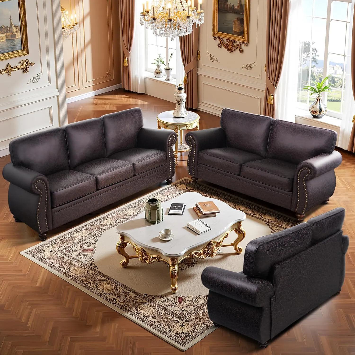 Mid-Century Vintage Sofa Couches with Rivet Design,loveseat Sofa,Removable Sofa Cover Upholstered Cushions and Solid Wood Frame (Brown, 3-Seater)