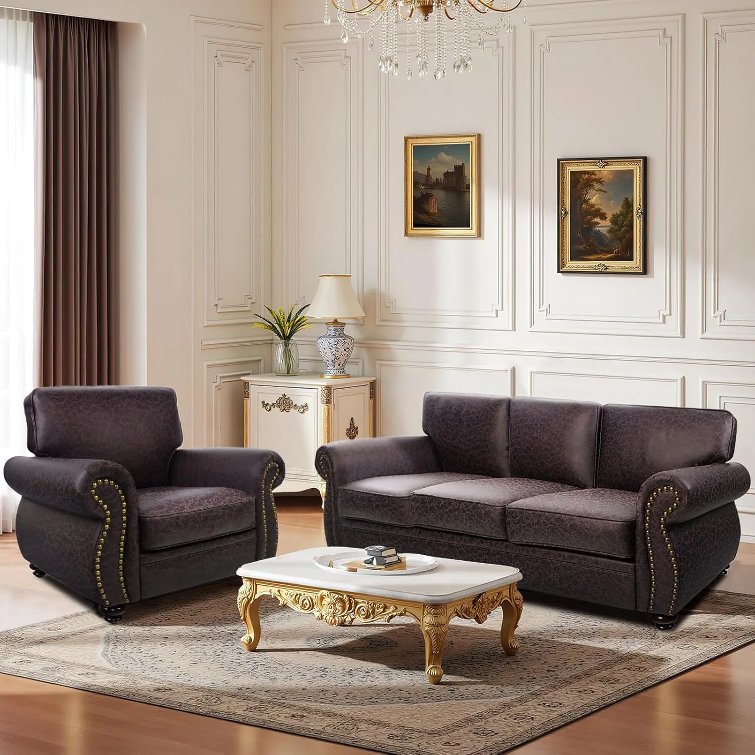 Mid-Century Vintage Sofa Couches with Rivet Design,loveseat Sofa,Removable Sofa Cover Upholstered Cushions and Solid Wood Frame (Brown, 3-Seater)