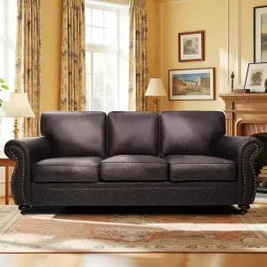 Mid-Century Vintage Sofa Couches with Rivet Design,loveseat Sofa,Removable Sofa Cover Upholstered Cushions and Solid Wood Frame (Brown, 3-Seater)