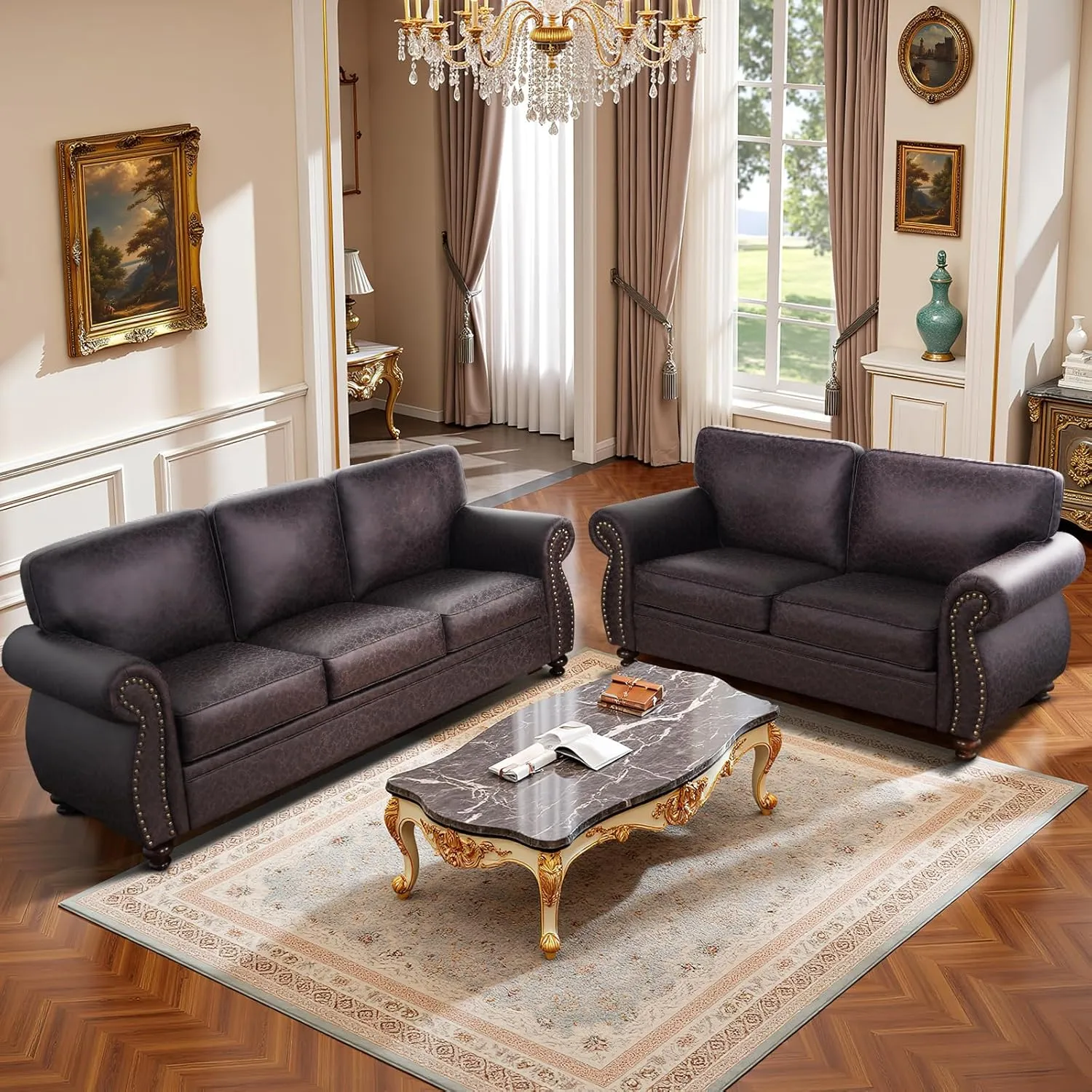 Mid-Century Vintage Sofa Couches with Rivet Design,loveseat Sofa,Removable Sofa Cover Upholstered Cushions and Solid Wood Frame (Brown, 3-Seater)
