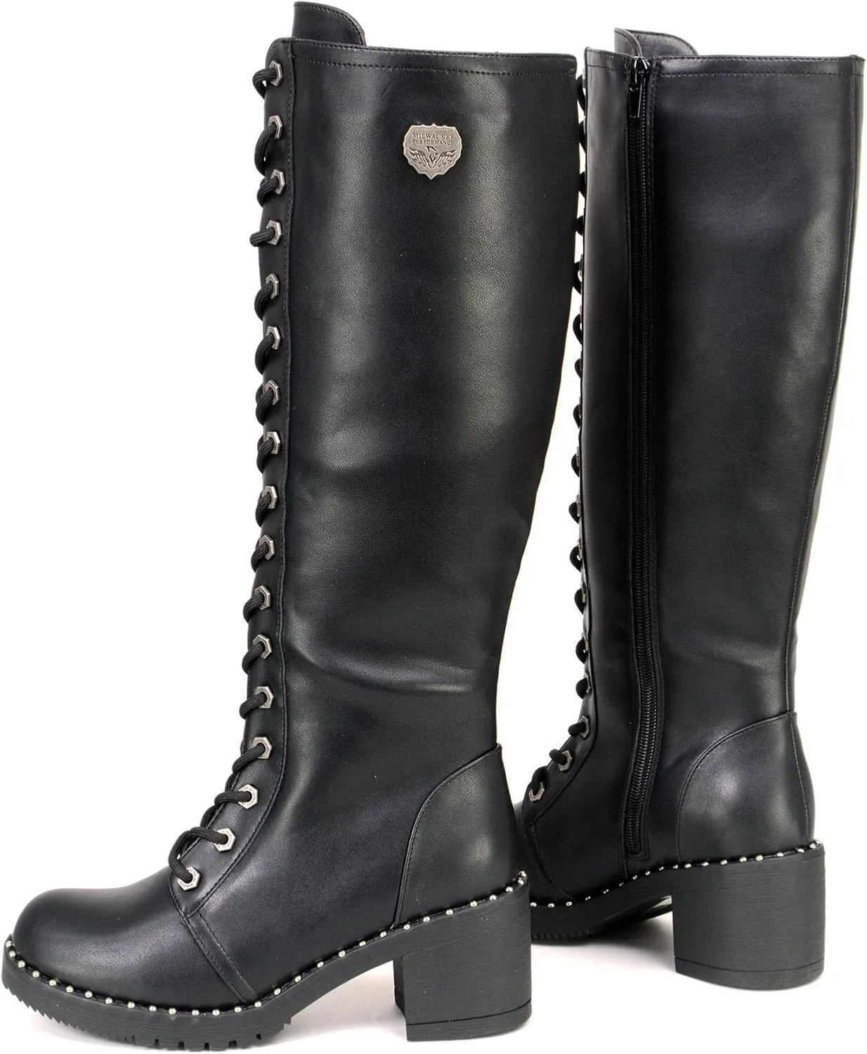Milwaukee Leather MBL9442 Women's Black Lace-Up Tall Biker Fashion Boots with Platform Heel & Studs