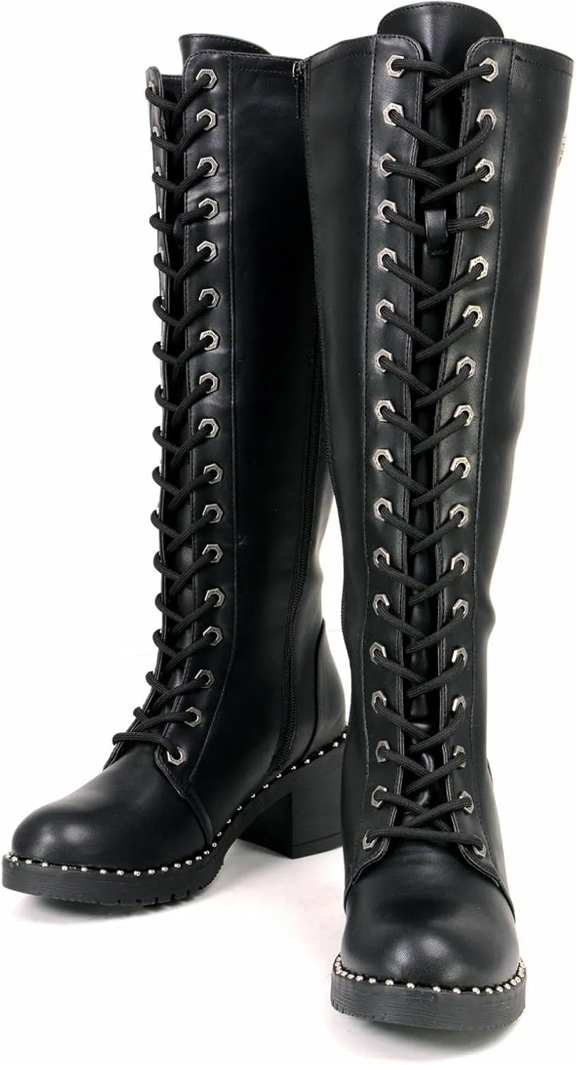 Milwaukee Leather MBL9442 Women's Black Lace-Up Tall Biker Fashion Boots with Platform Heel & Studs