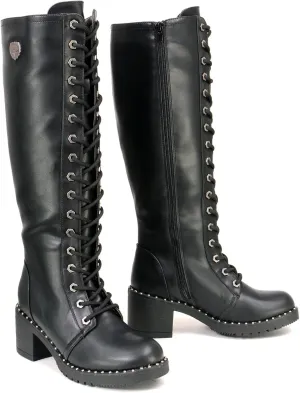 Milwaukee Leather MBL9442 Women's Black Lace-Up Tall Biker Fashion Boots with Platform Heel & Studs